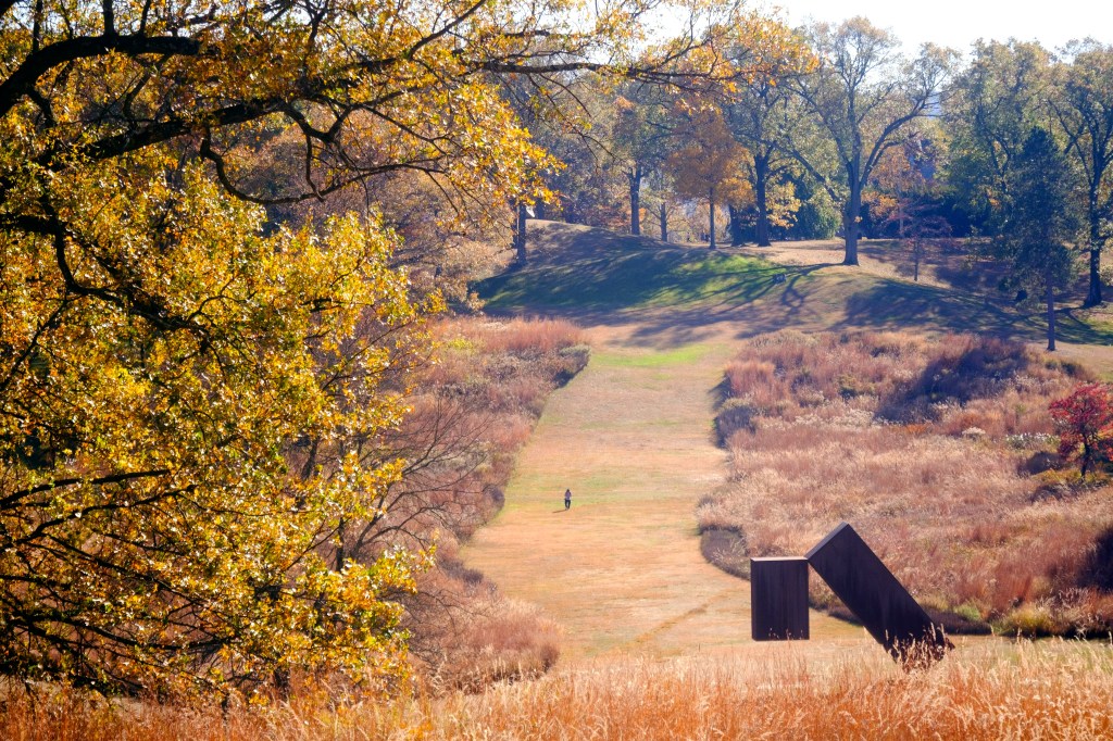 A person stands in a field in front of Menashe Kadishman's suspended sculpture, 1977, at the Storm King Art Center in New Windsor, NY during the fall season